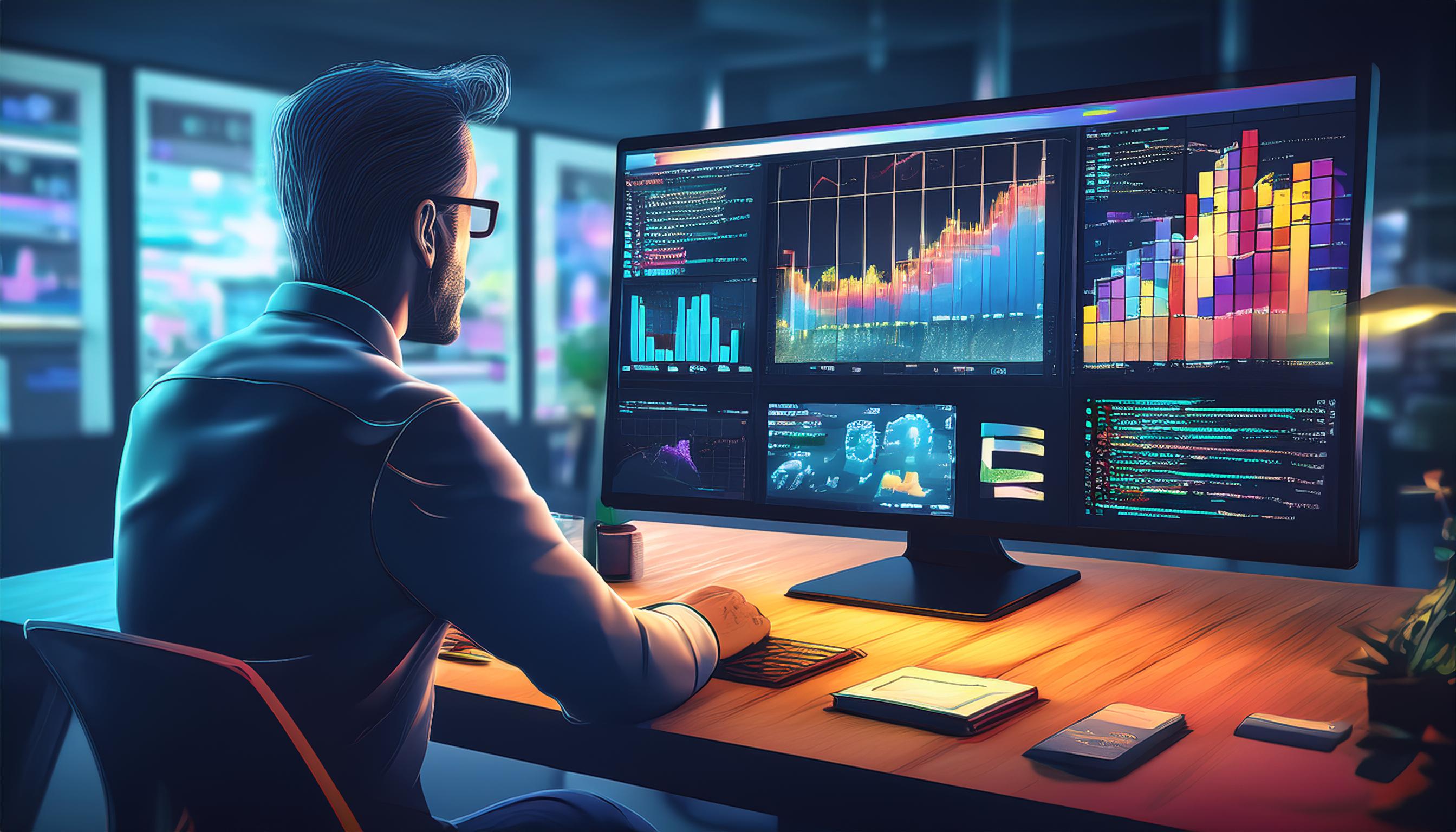 Image of a person sitting in front of a computer displaying various charts, graphs, and analytics on the screen.