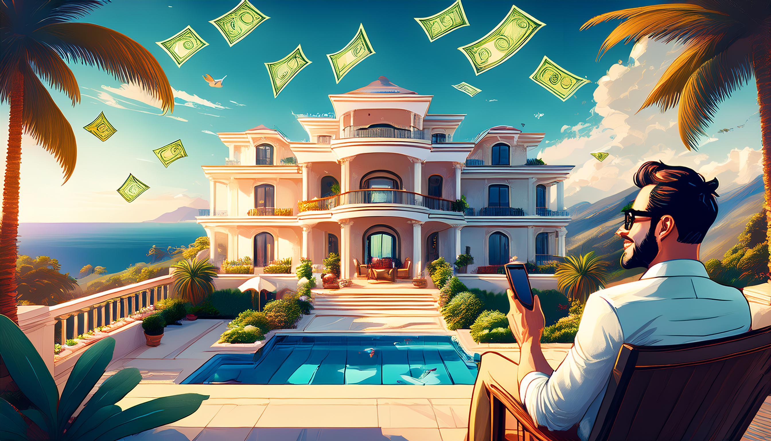 Image of a man sitting outside his home by the pool, looking at his phone and smiling, with dollar bills flowing in the air around him.